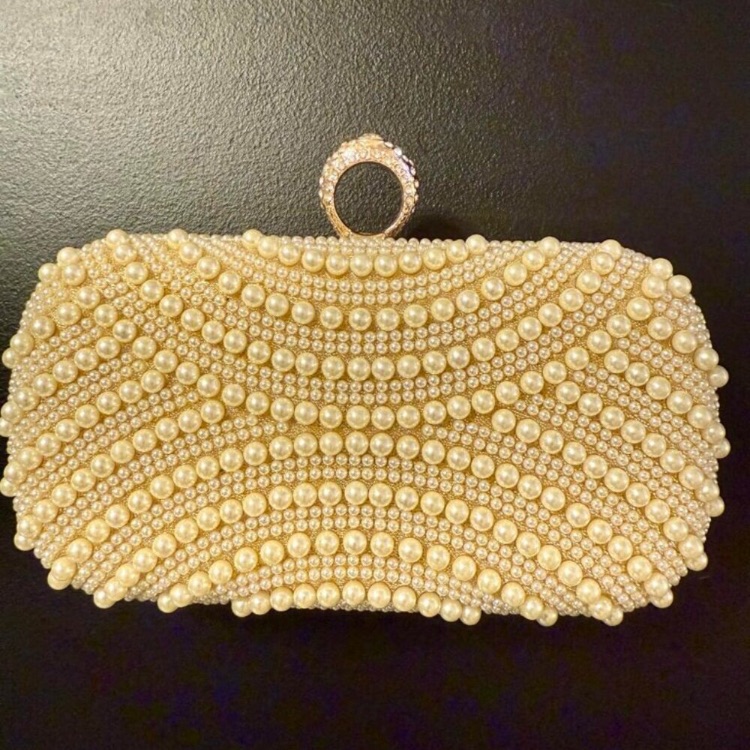 Women’s Gold Pearl Clutch Purse | Elegant Evening Handbag | Party Wedding New